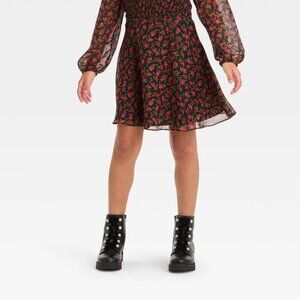 Art Class Chiffon Mini Skirt - Black Floral Pink/Red Roses size S 6-7